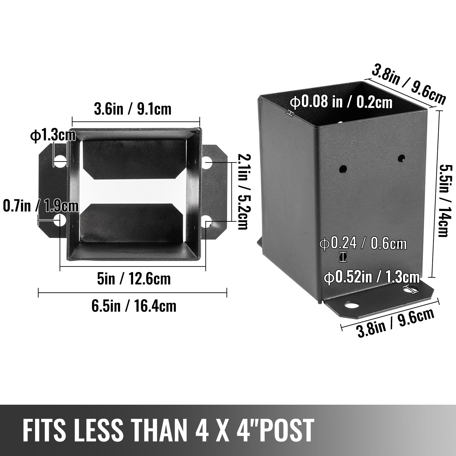 Medidas y estructura de la base del poste de cubierta VEVOR para postes de 4&quot; x 4&quot;.