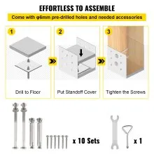 VEVOR Standoff Post Base 6 x 6"(Tamaño interior: 5.71 x 5.2") 10 PCS Base de poste ajustable de acero inoxidable Anclaje de poste ajustable con superficie de dibujo de fibra y juego completo de accesorios para madera de tamaño áspero