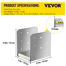 VEVOR Standoff Post Base 6 x 6"(Tamaño interior: 5.71 x 5.2") 10 PCS Base de poste ajustable de acero inoxidable Anclaje de poste ajustable con superficie de dibujo de fibra y juego completo de accesorios para madera de tamaño áspero