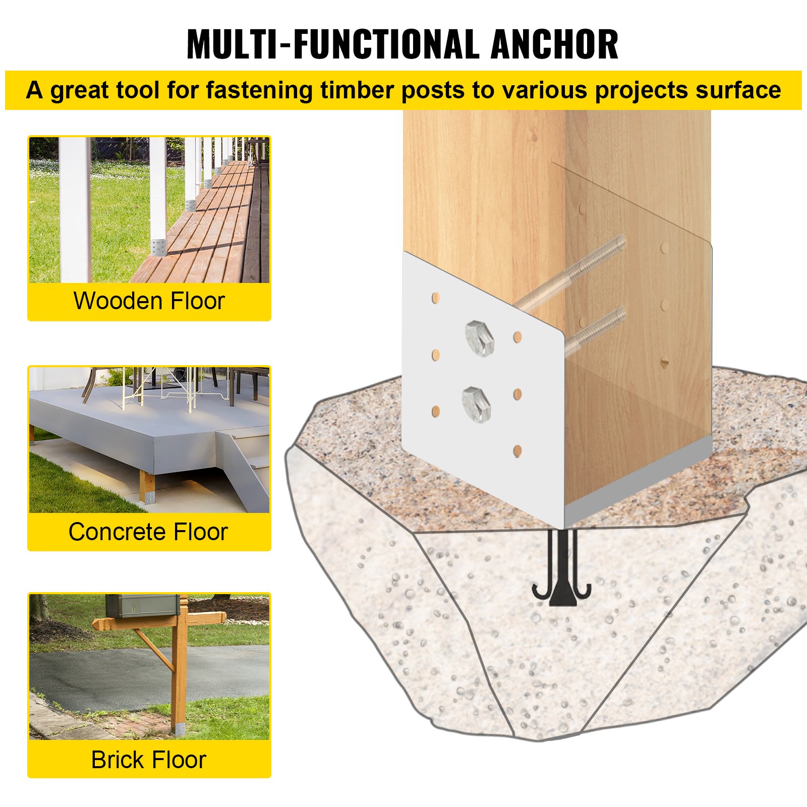 Base de poste separador VEVOR para fijar postes de madera a pisos de madera, hormigón y ladrillo.