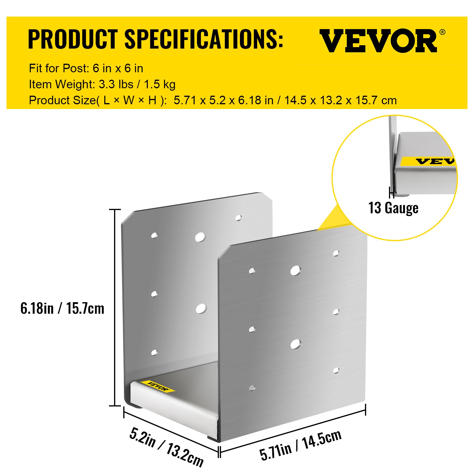 Base de poste separador VEVOR, 6 x 6 pulgadas, acero calibre 13, dimensiones 5,71 x 5,2 x 6,18 pulgadas.