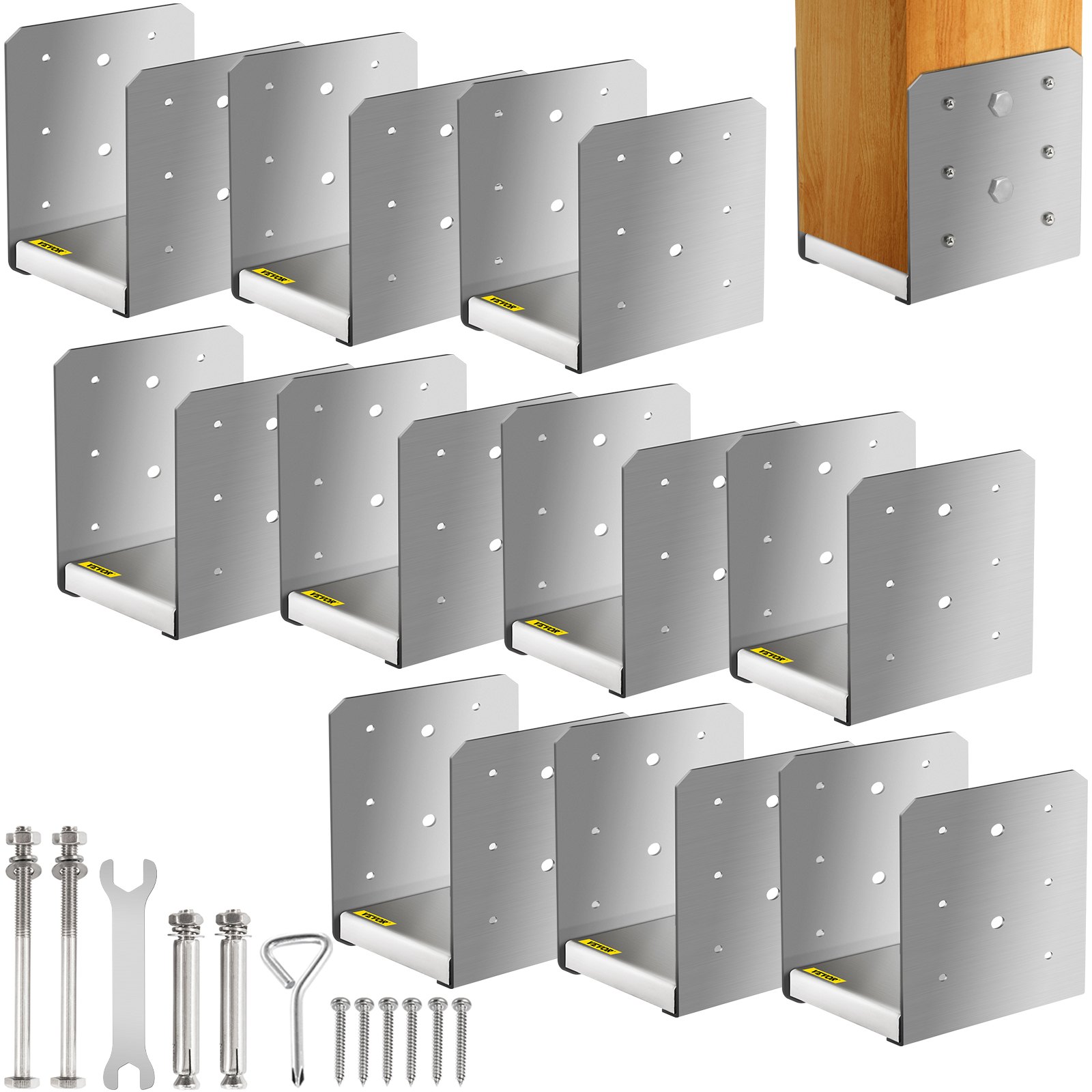 Kit de hardware de base de poste separador VEVOR con múltiples soportes de metal, herramientas y pernos.