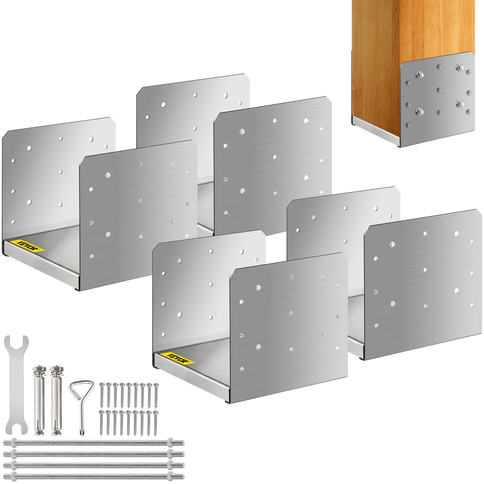 Juego de base de poste separador VEVOR con soportes y hardware de instalación.