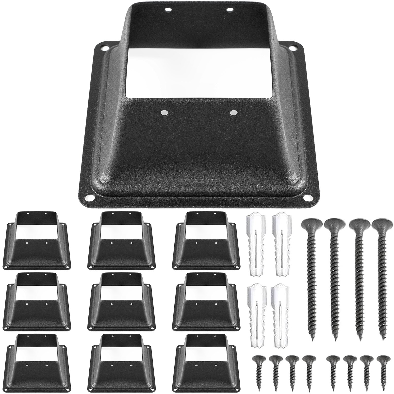 Base de poste de cubierta VEVOR con tornillos y tacos de pared dispuestos cuidadosamente en un conjunto.