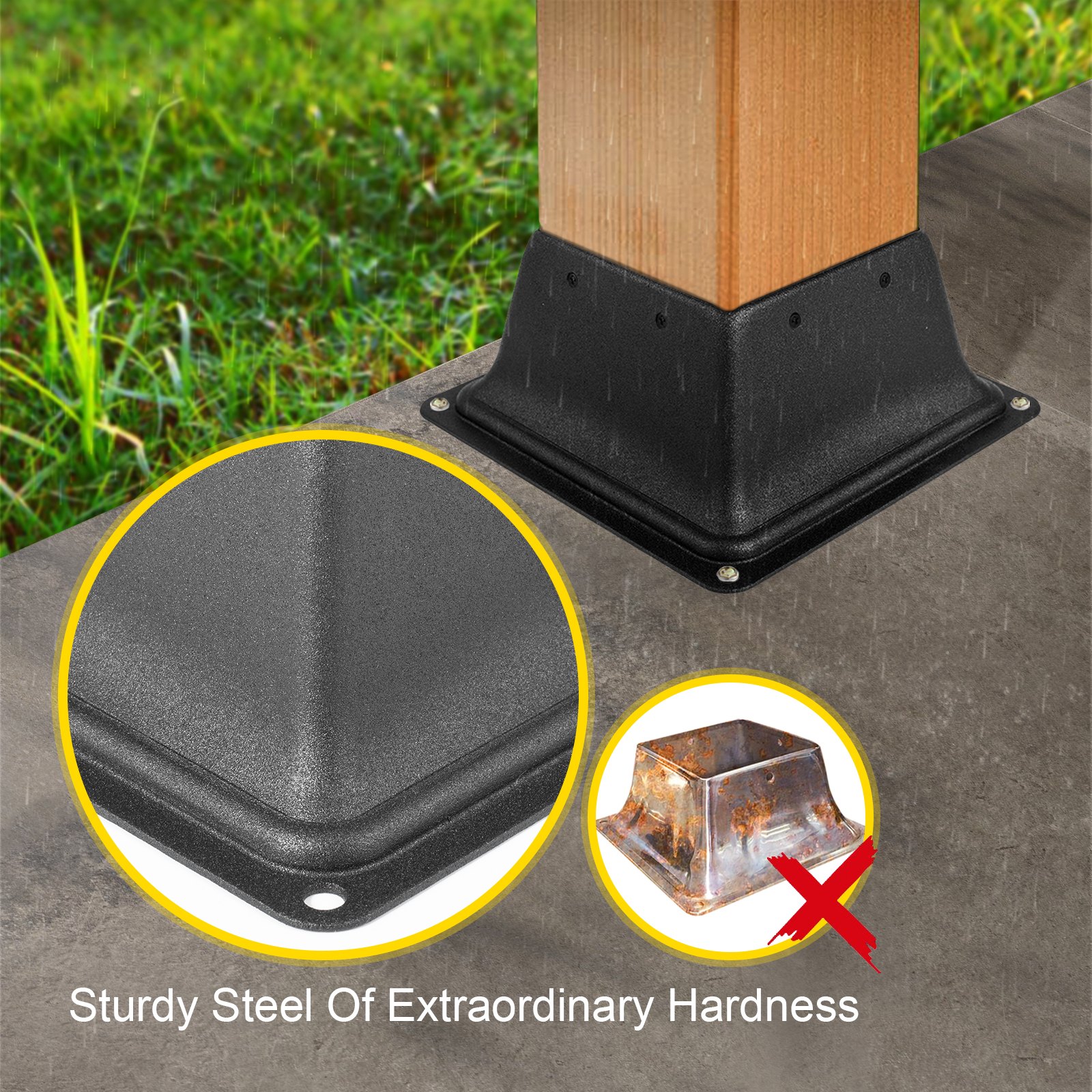 Base de poste de cubierta VEVOR que atornilla de forma segura un poste de madera al hormigón con detalles en primer plano.