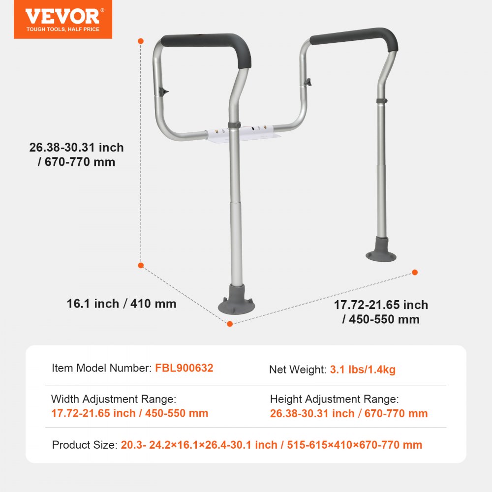 Barra de seguridad para inodoro VEVOR, ajustable 450-550 mm de ancho y 670-770 mm de alto, 3,1 libras.