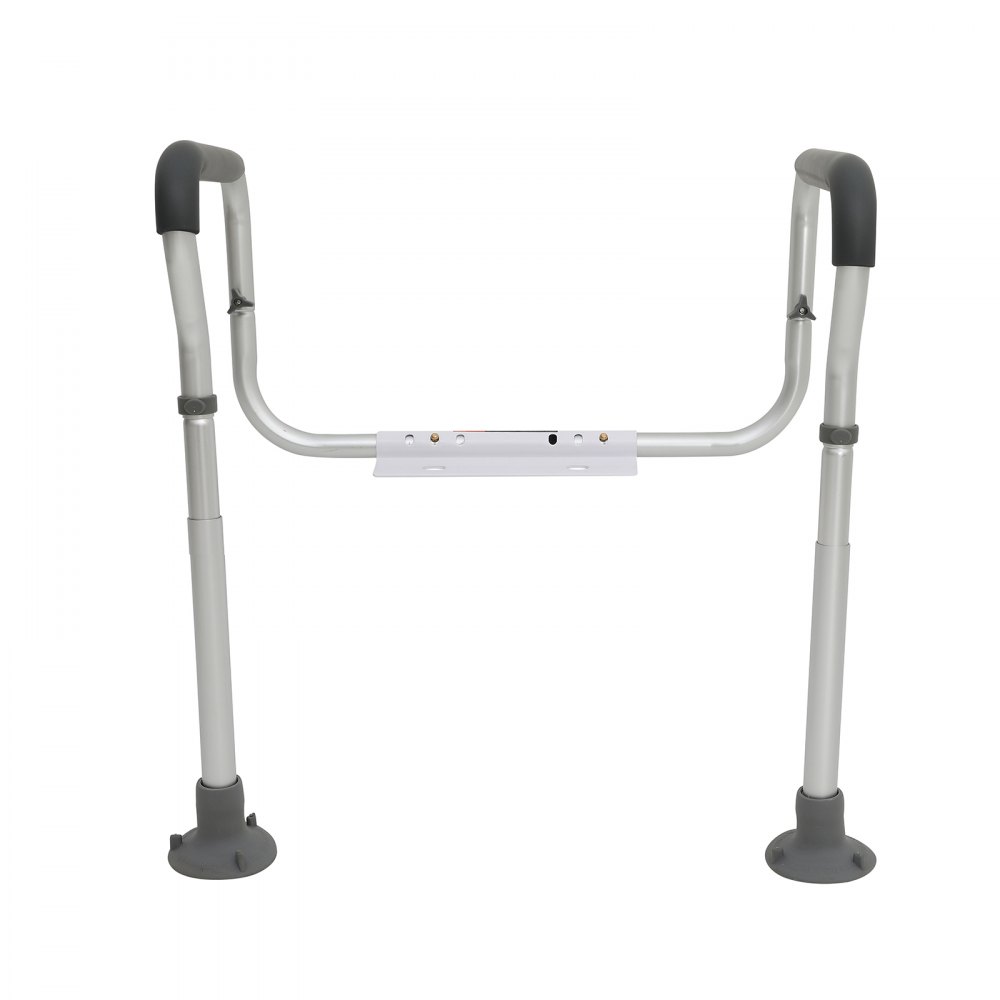 Barra de seguridad para inodoro ajustable VEVOR con brazos acolchados grises y base resistente. Ideal para apoyo de personas mayores.