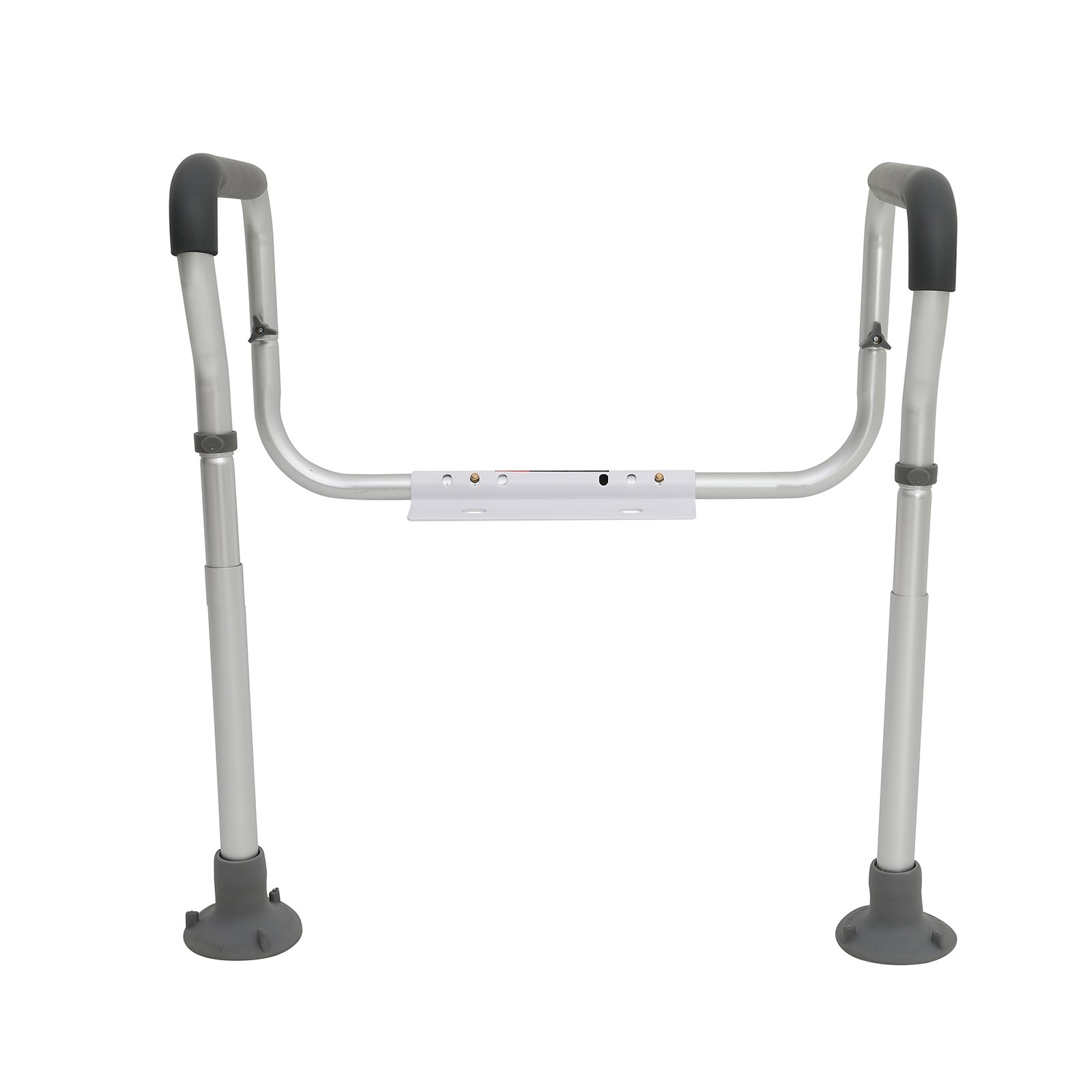 Barra de seguridad para inodoro ajustable VEVOR con brazos acolchados grises y base resistente. Ideal para apoyo de personas mayores.
