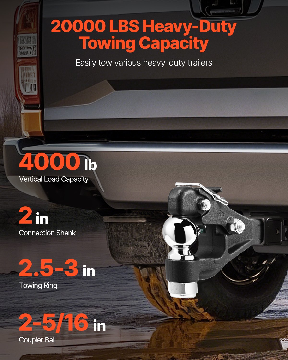 Gancho de pivote VEVOR, 20000 lbs, enganche de pivote para receptor militar de 2 pulgadas, bola de enganche combinada de 2-5/16 pulgadas, compatible con anilla de luneta de 2,5 a 3 pulgadas, longitud de 15,6 pulgadas, recubrimiento en polvo negro