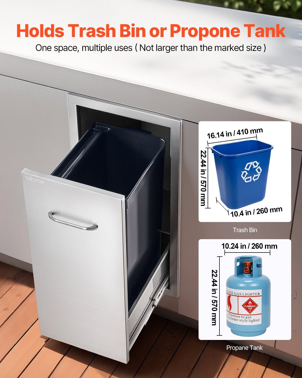 Cajón de basura para cocina exterior VEVOR, 34 cm de ancho x 50 cm de profundidad x 65 cm de alto, multiusos, de acero inoxidable, capacidad máxima de 25 kg por nivel, ideal para cocinas con isla de barbacoa al aire libre.