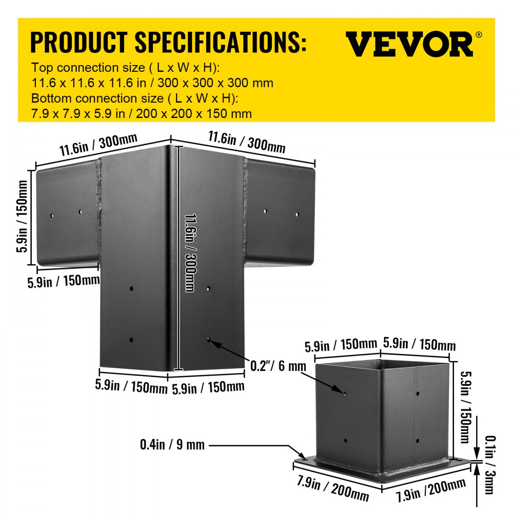 VEVOR Soportes de Acero para Pérgola, 8 Piezas de Soportes para Pérgola, con Revestimiento en Polvo, Soporte de Extensión de Acero al Carbono para Pérgola con Esquina 90° de 3 Vías, 150 x 150 x 150 mm