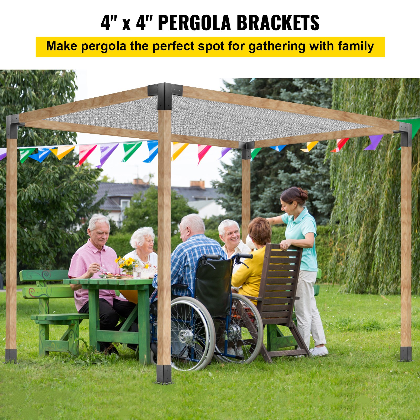 Kit de pérgola de carpintería VEVOR sobre una mesa de reunión familiar en un jardín.