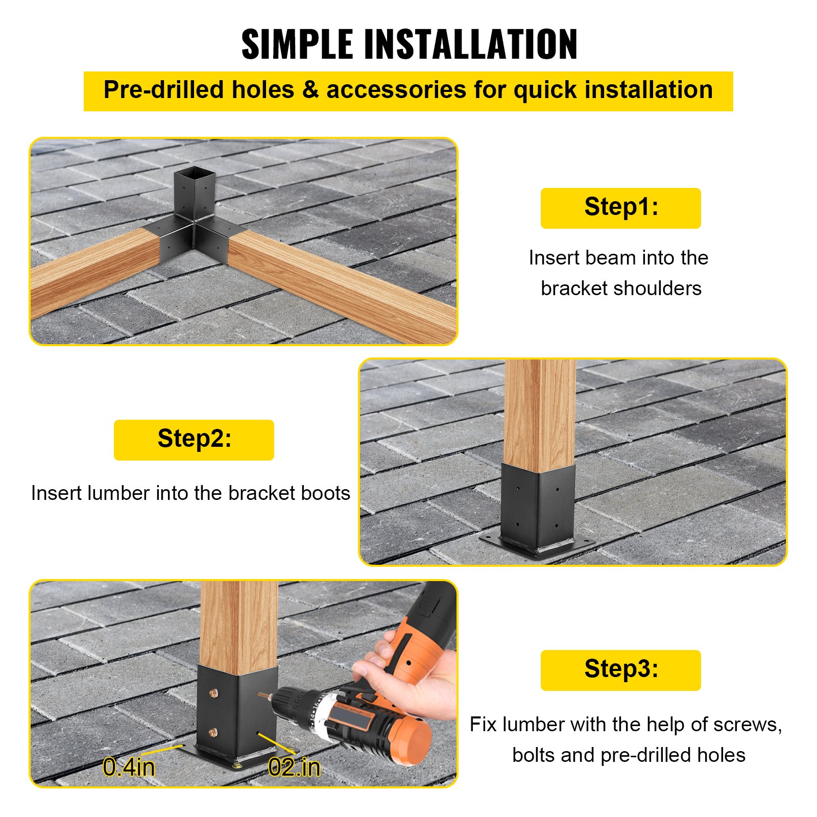 Pasos de instalación del kit de pérgola de carpintería VEVOR: insertar viga, soportes de soporte, fijación con tornillos.