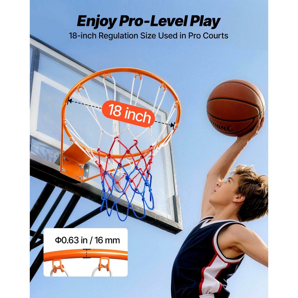 Aro de baloncesto VEVOR, aro de baloncesto para pared o puerta, aro flexible Q235 de alta resistencia con red, aro de baloncesto colgante estándar de 18" para interiores y exteriores, para niños y adultos.