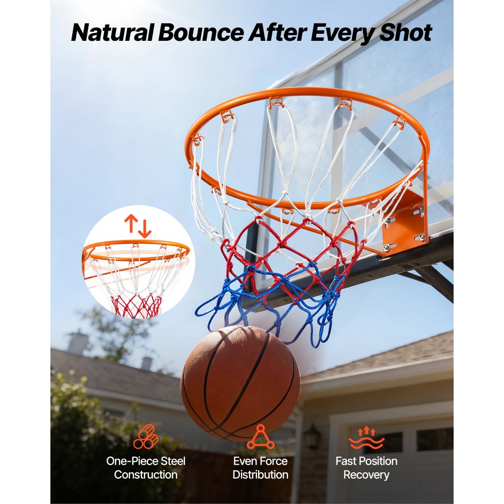Aro de baloncesto VEVOR, aro de baloncesto para pared o puerta, aro flexible Q235 de alta resistencia con red, aro de baloncesto colgante estándar de 18" para interiores y exteriores, para niños y adultos.