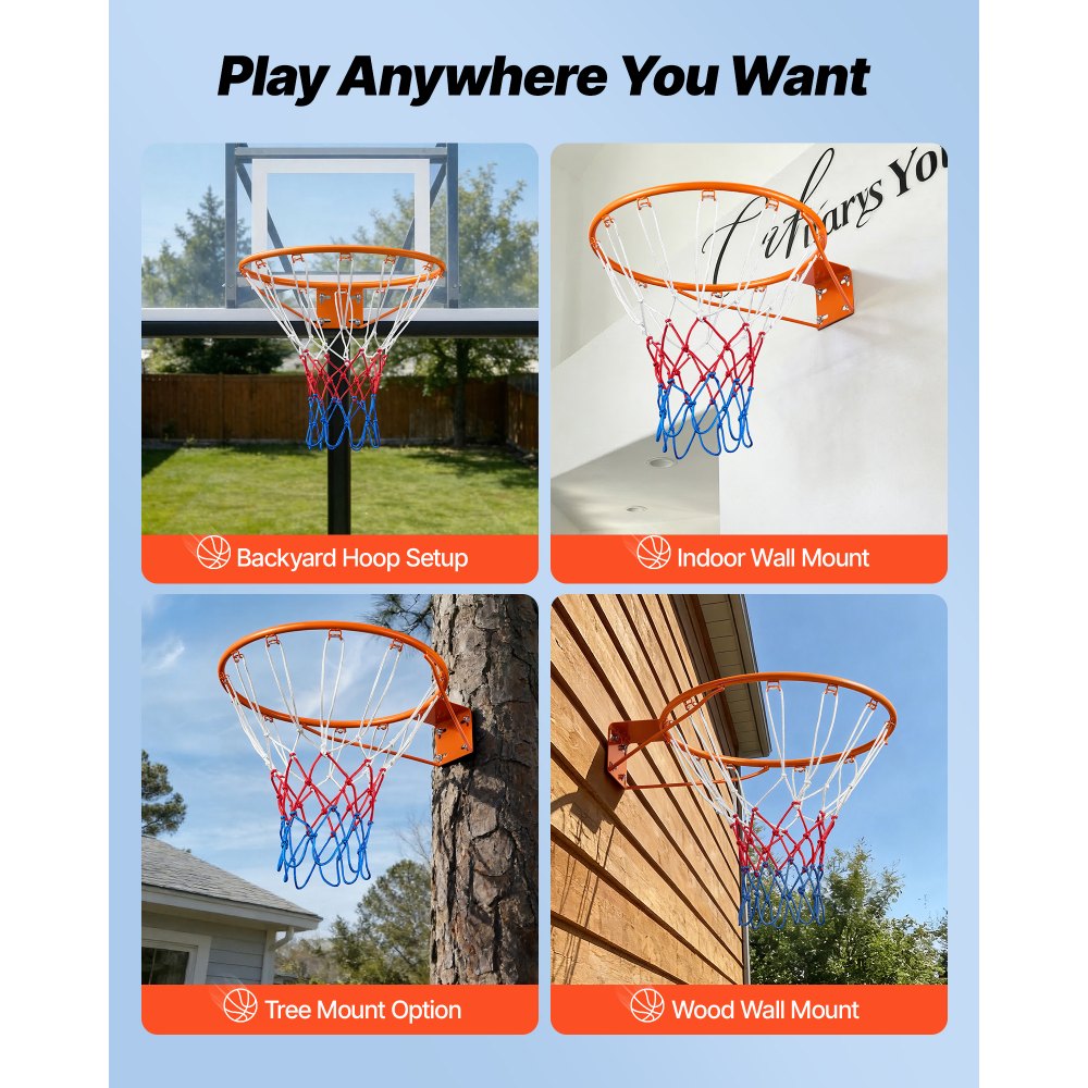 Aro de baloncesto VEVOR, aro de baloncesto para pared o puerta, aro flexible Q235 de alta resistencia con red, aro de baloncesto colgante estándar de 18" para interiores y exteriores, para niños y adultos.