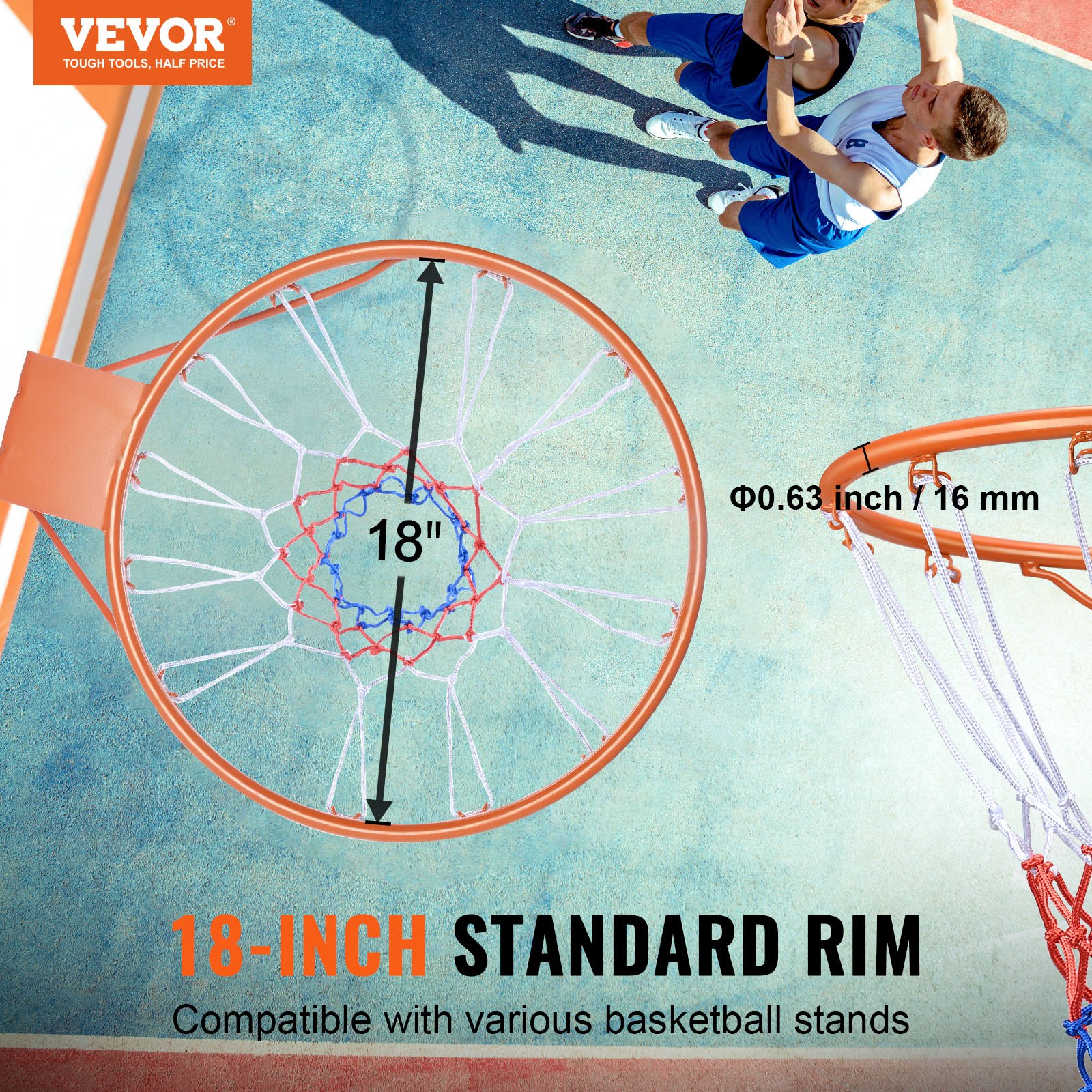 Aro de baloncesto VEVOR, aro de baloncesto para pared o puerta, aro flexible Q235 de alta resistencia con red, aro de baloncesto colgante estándar de 18" para interiores y exteriores, para niños y adultos.