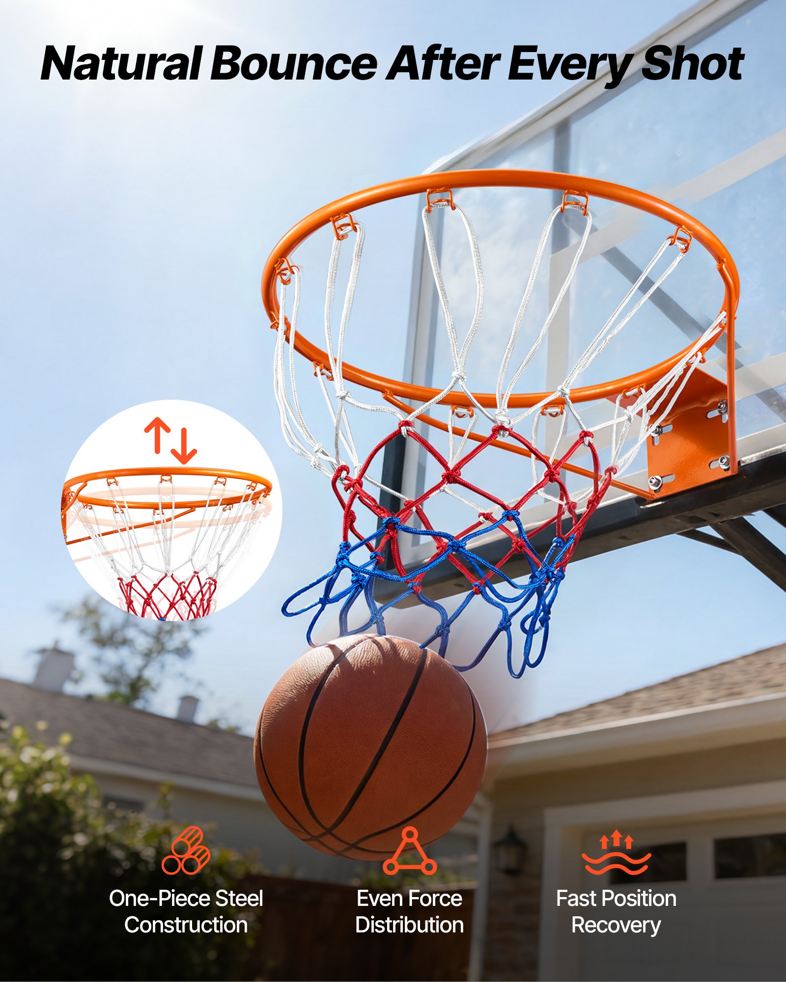 Aro de baloncesto VEVOR, aro de baloncesto para pared o puerta, aro flexible Q235 de alta resistencia con red, aro de baloncesto colgante estándar de 18" para interiores y exteriores, para niños y adultos.