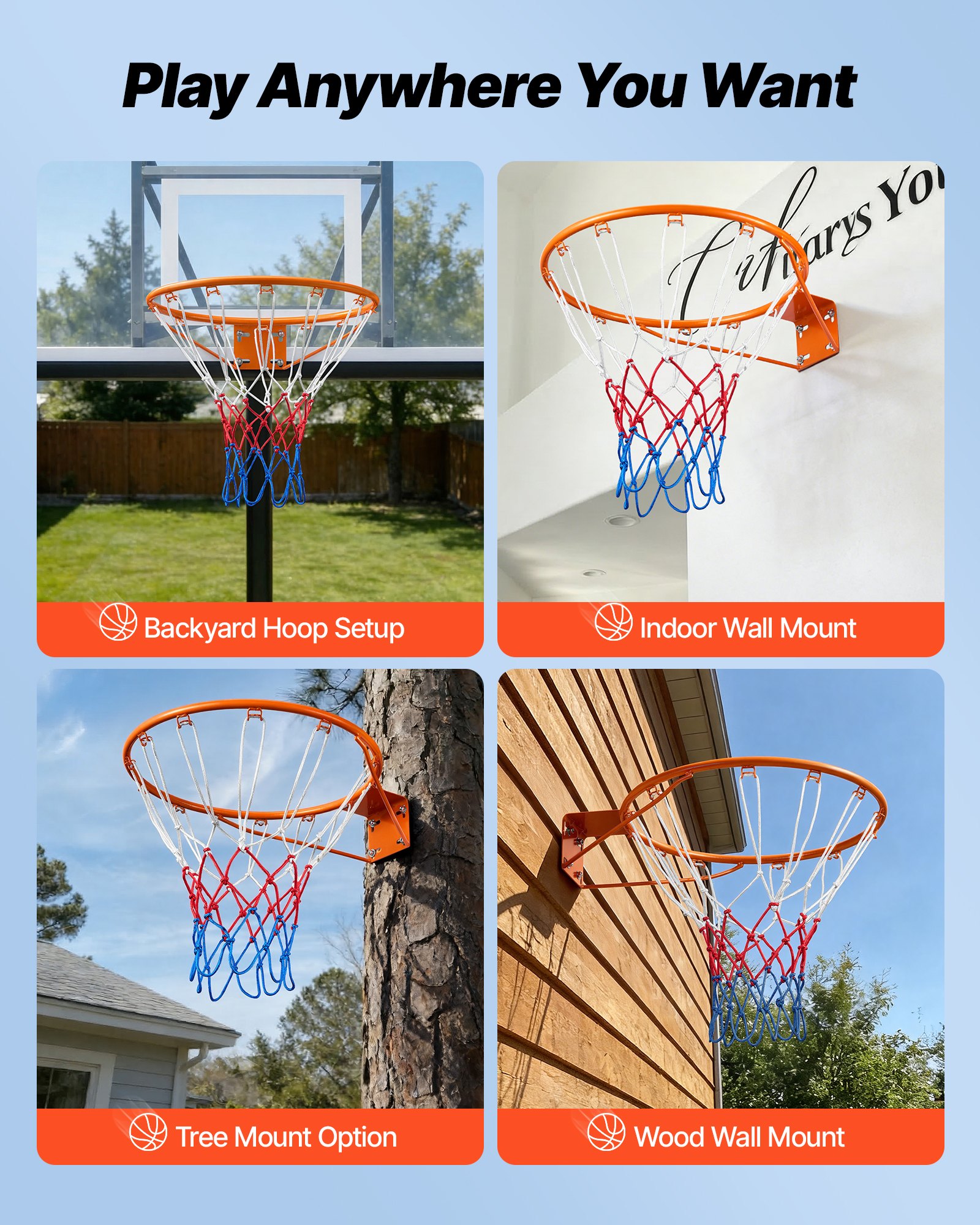 Aro de baloncesto VEVOR, aro de baloncesto para pared o puerta, aro flexible Q235 de alta resistencia con red, aro de baloncesto colgante estándar de 18" para interiores y exteriores, para niños y adultos.