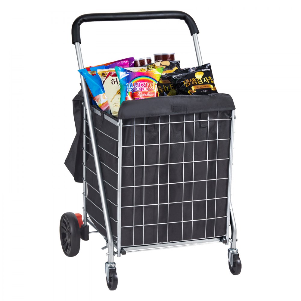 Carrito de compras plegable VEVOR lleno de bocadillos y comestibles, con una estructura de alambre resistente.