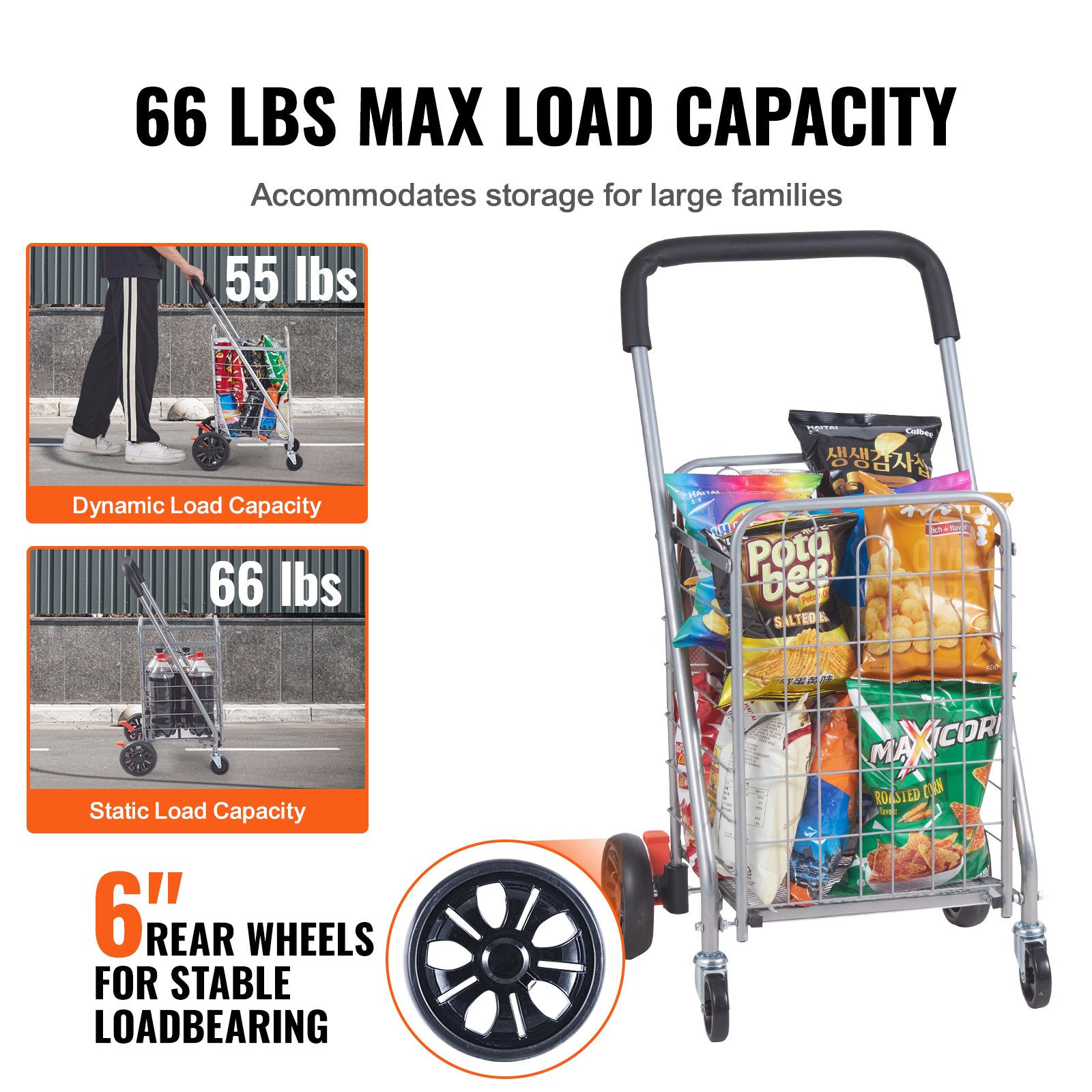 Carrito de compras plegable VEVOR con capacidad de carga máxima de 66 libras, ruedas traseras de 6&quot;, lleno de comestibles.