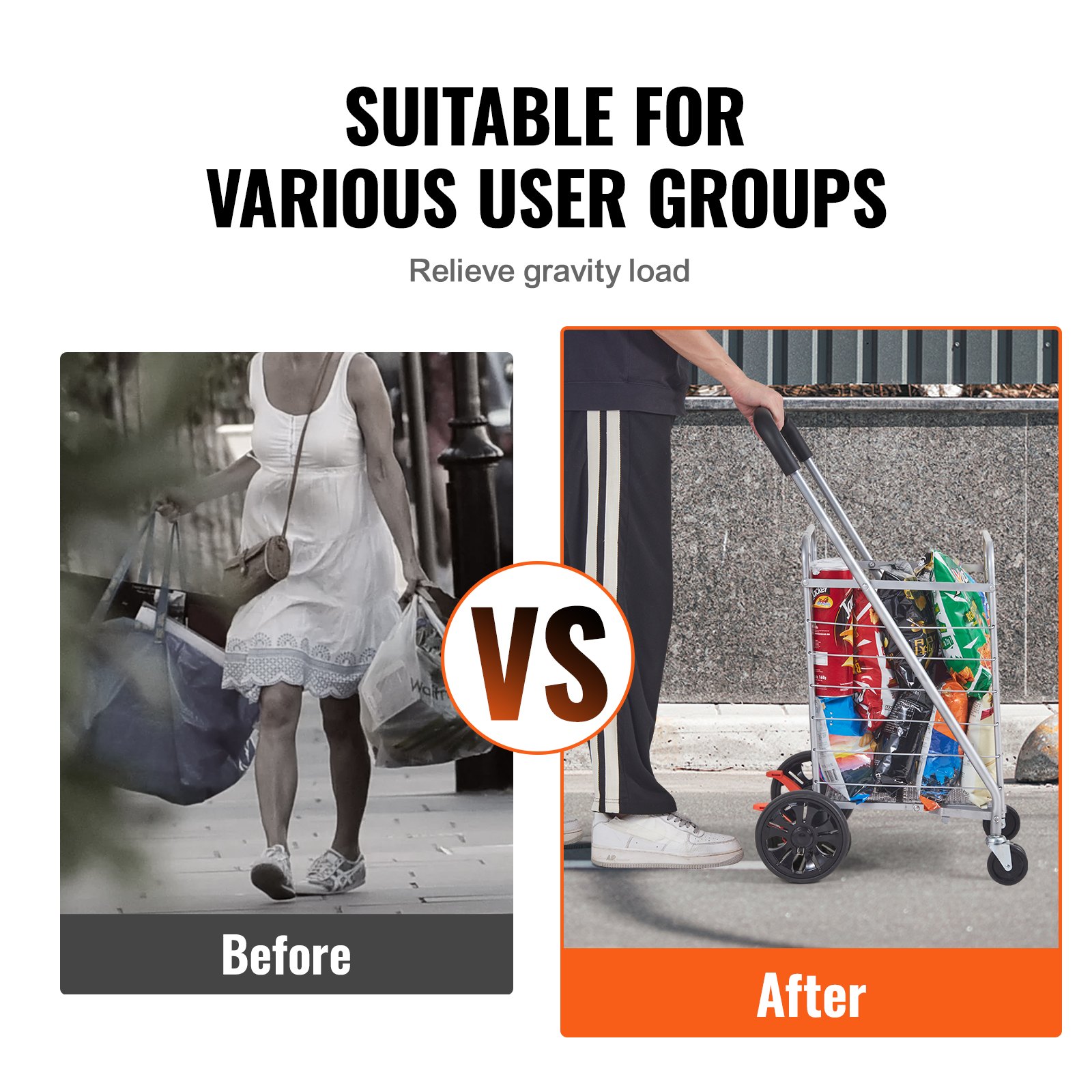 Comparación antes y después de llevar las compras a mano frente a usar el carrito de compras plegable VEVOR.