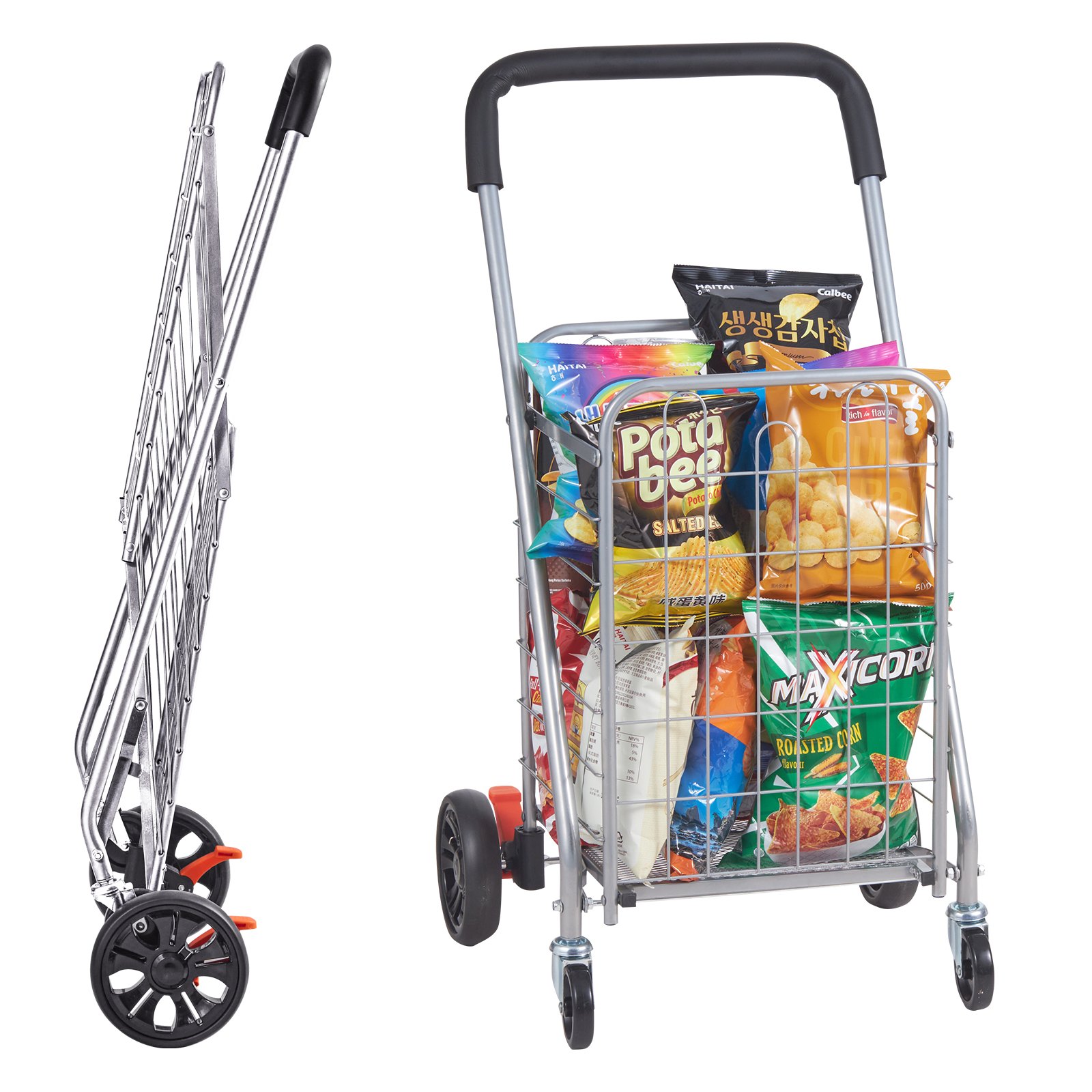 Carrito de compras plegable VEVOR lleno de comestibles, mostrado plegado y en uso.