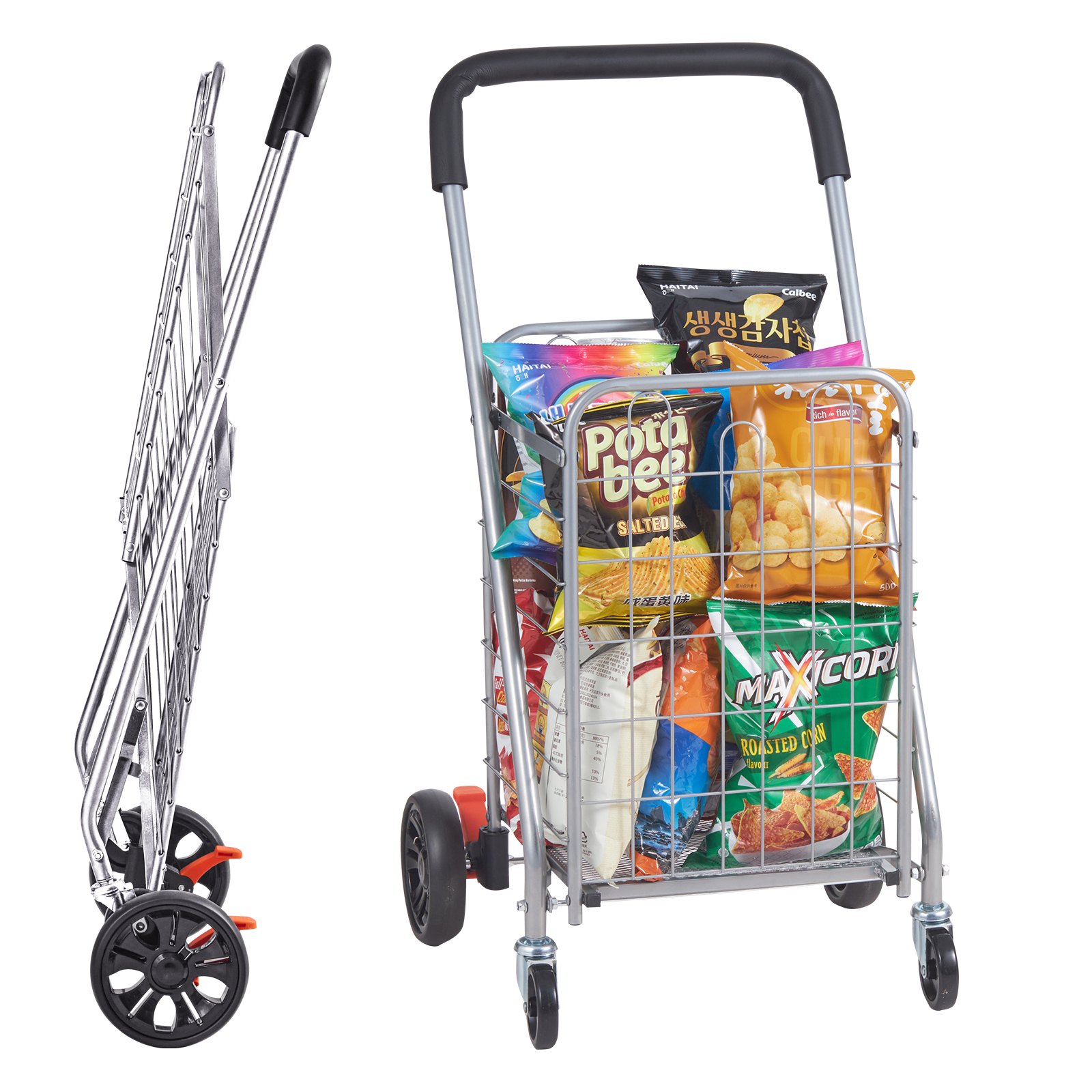 Carrito de compras plegable VEVOR lleno de bocadillos variados, mostrado plegado y en uso.