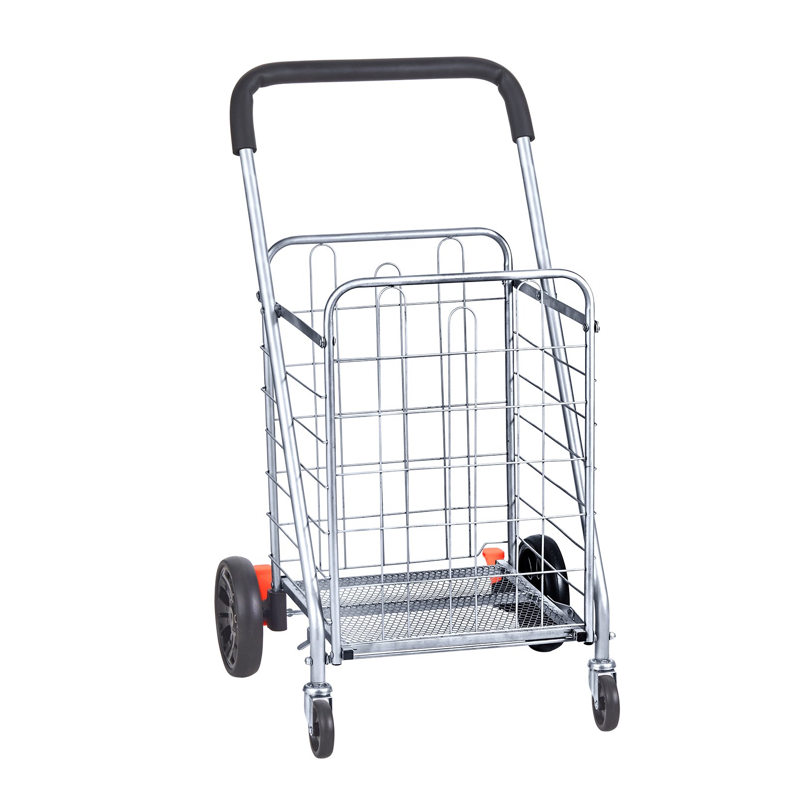 Carrito de compra plegable VEVOR con estructura de acero cromado, ruedas grandes negras y asa ergonómica.