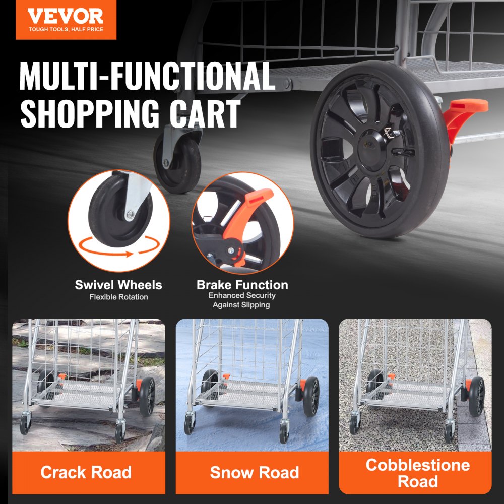 Carrito de compra plegable VEVOR con ruedas giratorias, función de freno y facilidad de uso en carreteras con grietas, nieve y adoquines.