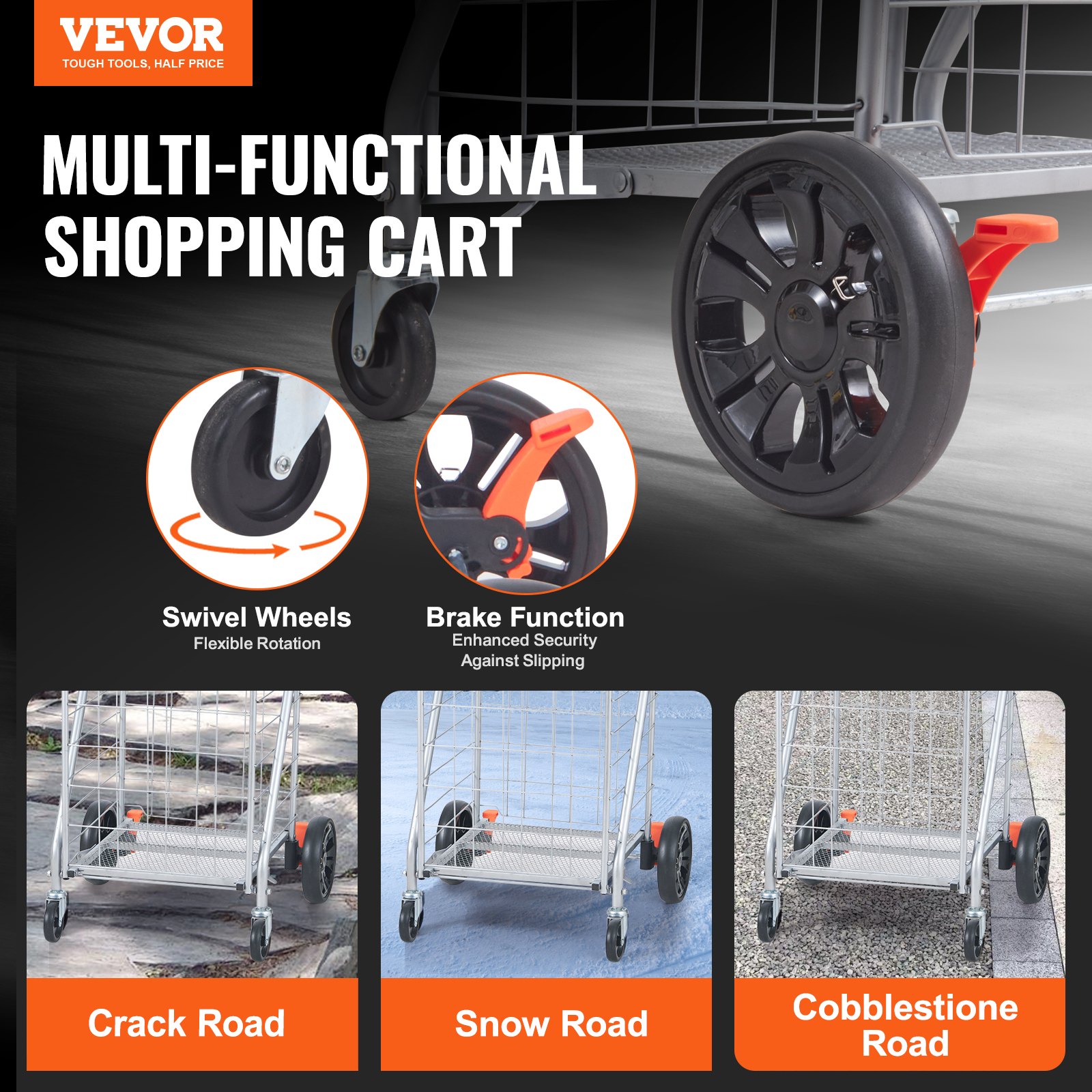 Carrito de compra plegable VEVOR con ruedas giratorias, función de freno y facilidad de uso en carreteras con grietas, nieve y adoquines.