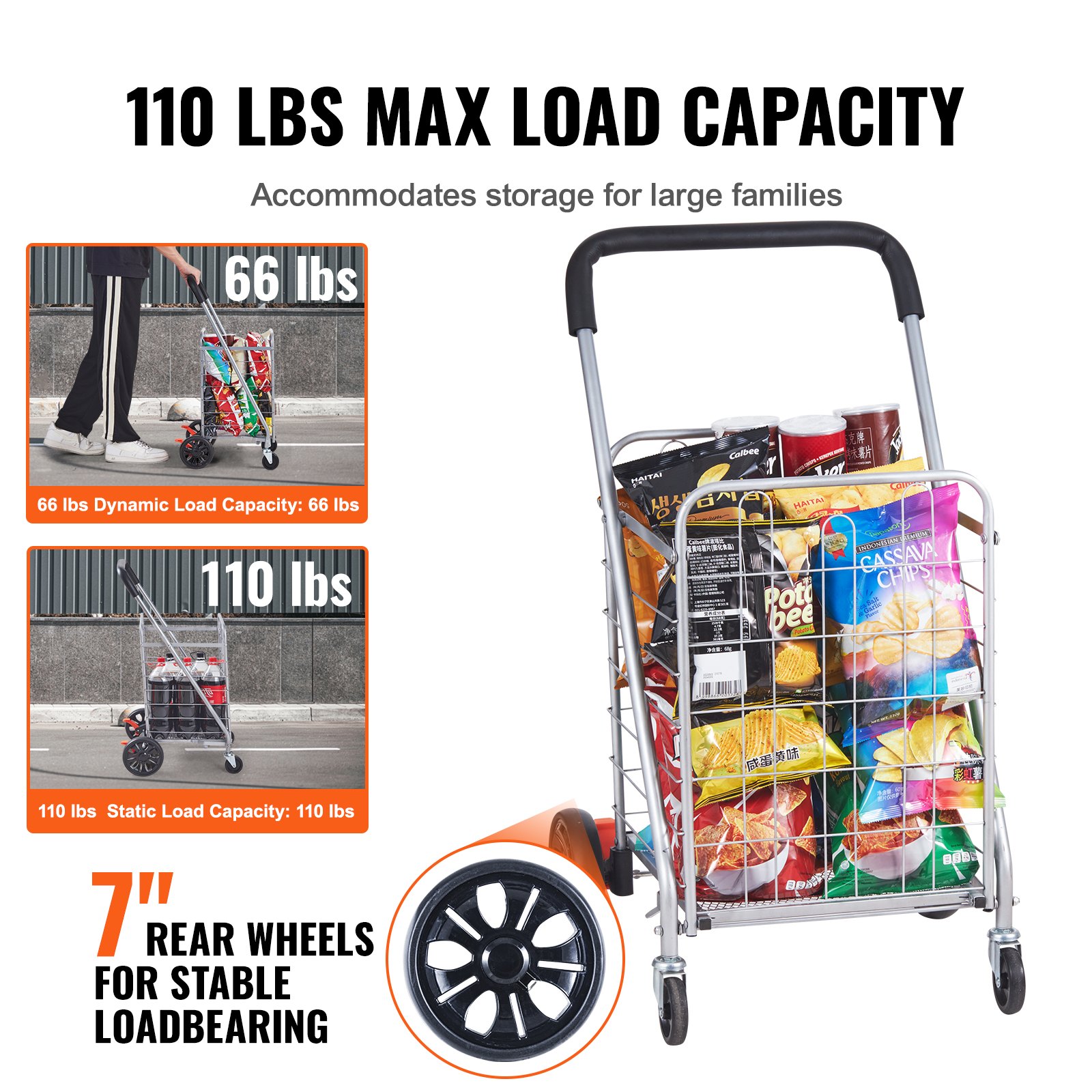 Carrito de compras plegable VEVOR con carga máxima de 110 libras, cuenta con ruedas traseras de 7&quot; para mayor estabilidad.