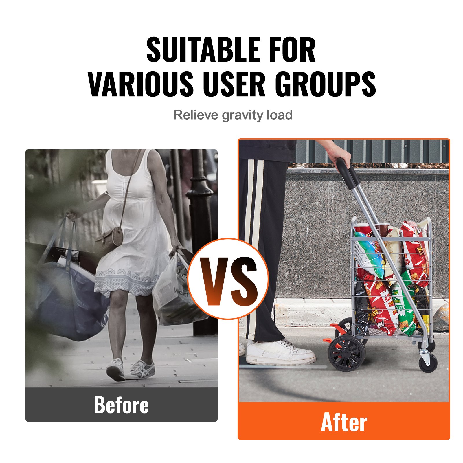 Antes y después de usar un carrito de compras plegable VEVOR, mostrando la facilidad de transportar las compras.