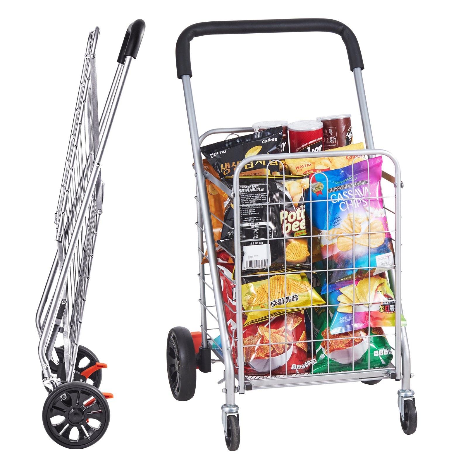 Carrito de compra plegable VEVOR con diversos snacks, con estructura de metal resistente y asas negras.