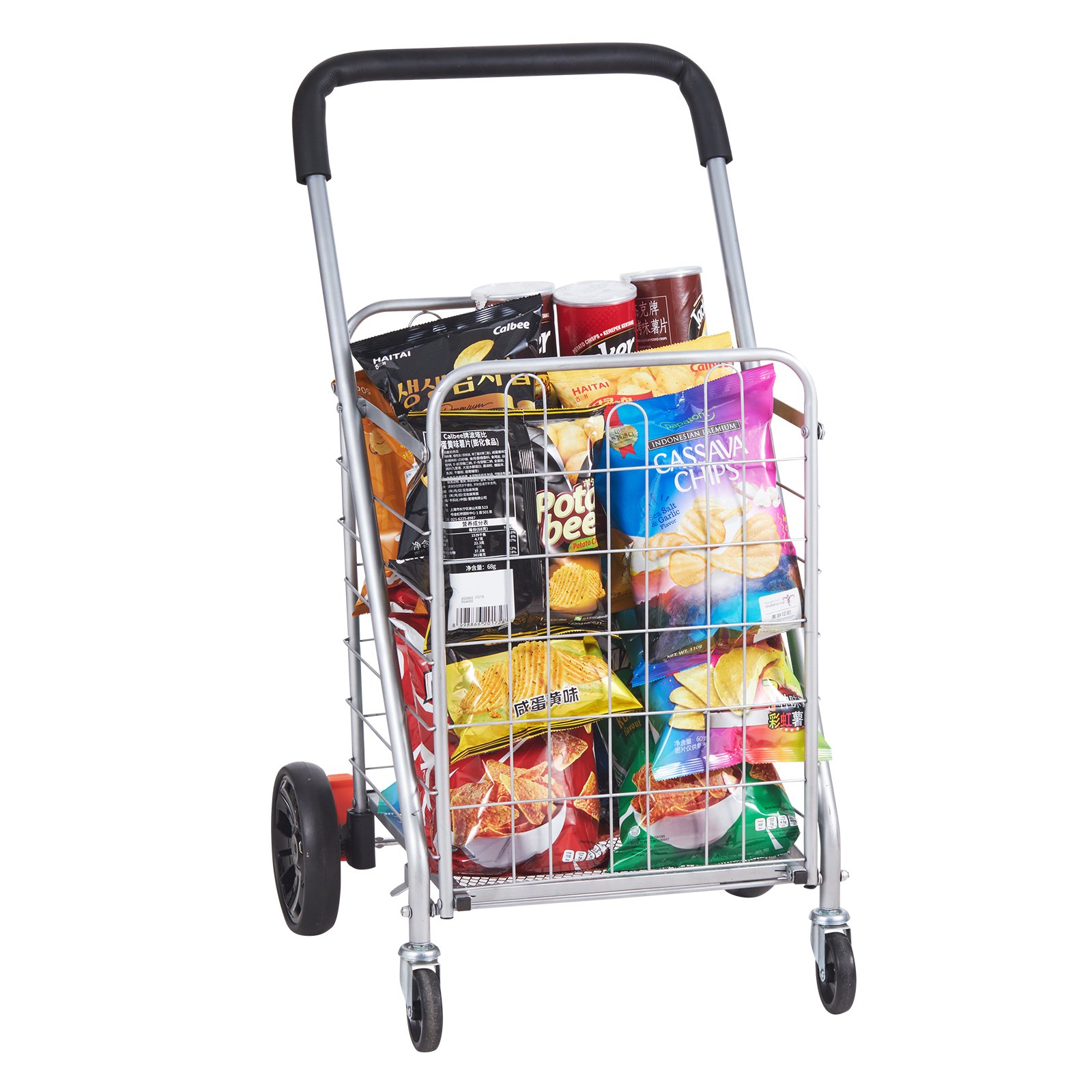 Carrito de compras lleno de bocadillos, patatas fritas y papas fritas, presenta el carrito de compras plegable VEVOR.