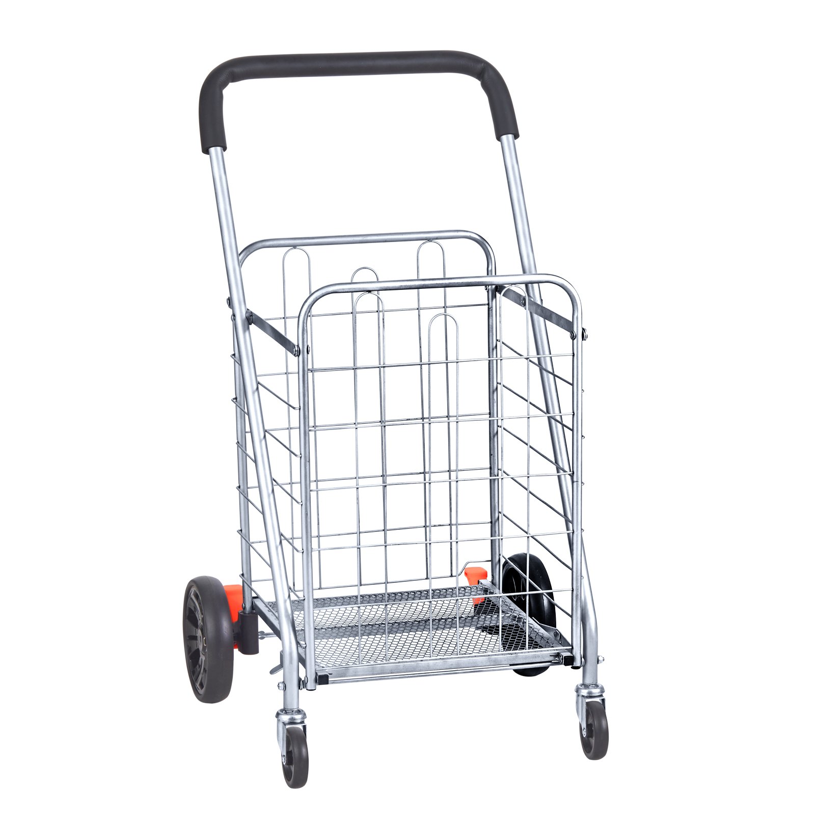 Carrito de compra plegable VEVOR con asa negra, estructura de metal y ruedas resistentes para un transporte cómodo.