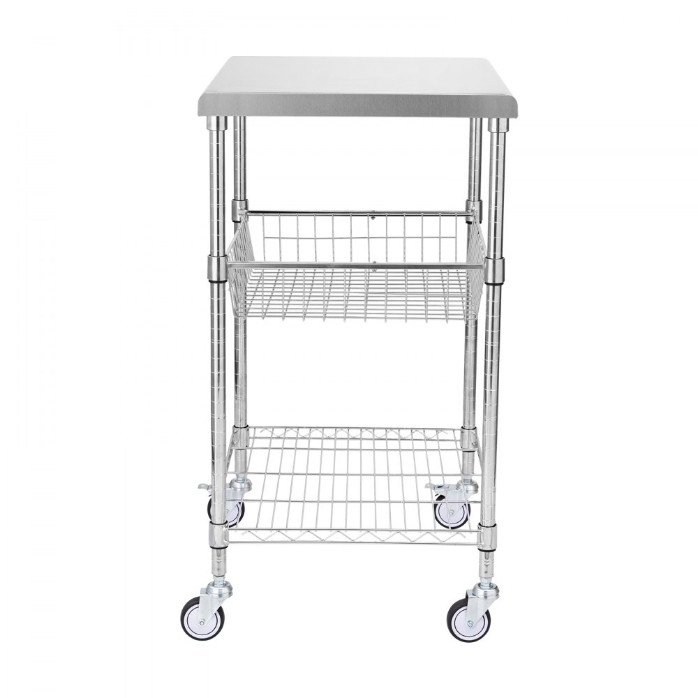 VEVOR - Carrito de cocina de 3 niveles con ruedas de alambre y capacidad de 200 kg, de acero, con cesta de 76 mm, asa curva, revestimiento de PP y 6 ganchos, para interior y exterior.
