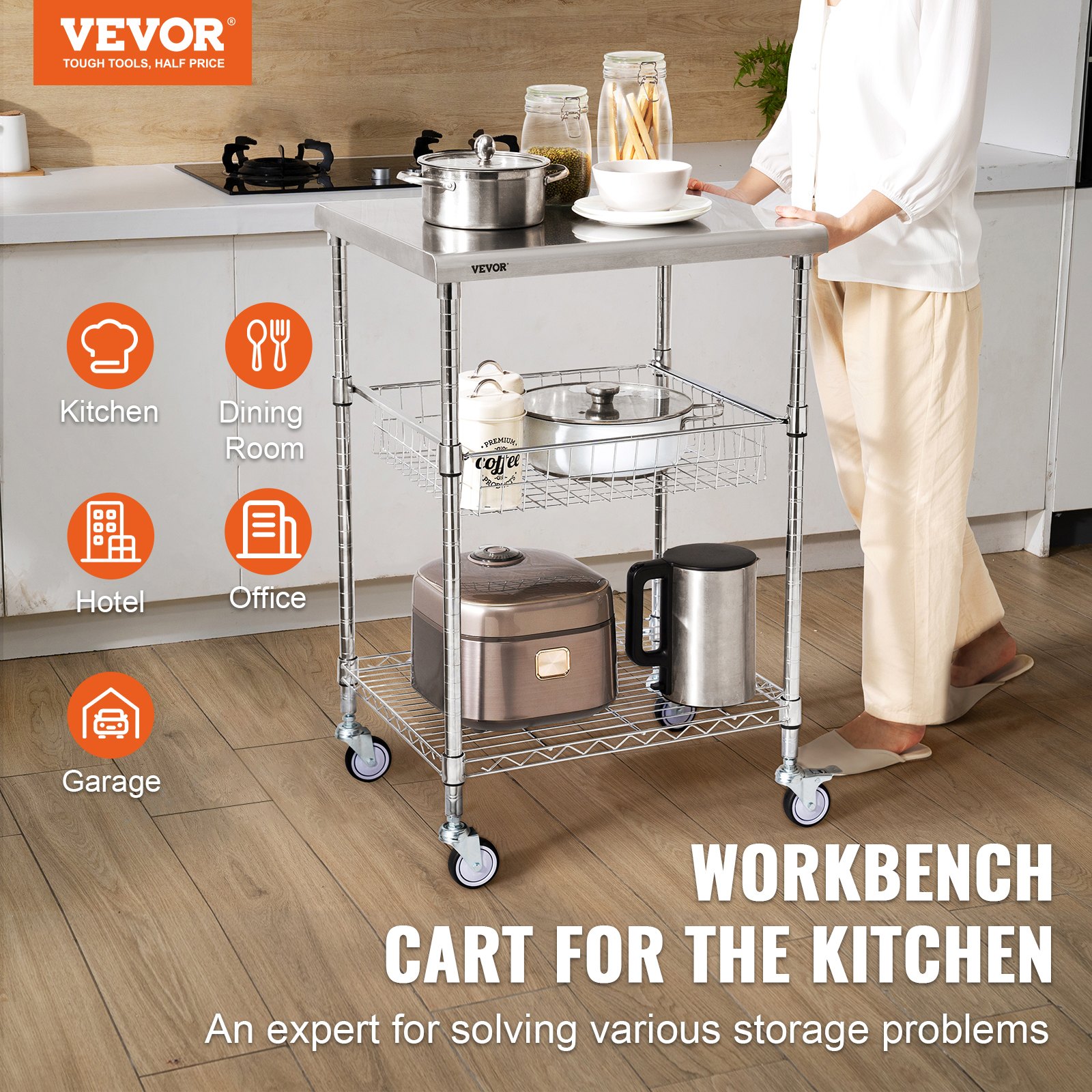 VEVOR - Carrito de cocina de 3 niveles con ruedas de alambre y capacidad de 200 kg, de acero, con cesta de 76 mm, asa curva, revestimiento de PP y 6 ganchos, para interior y exterior.