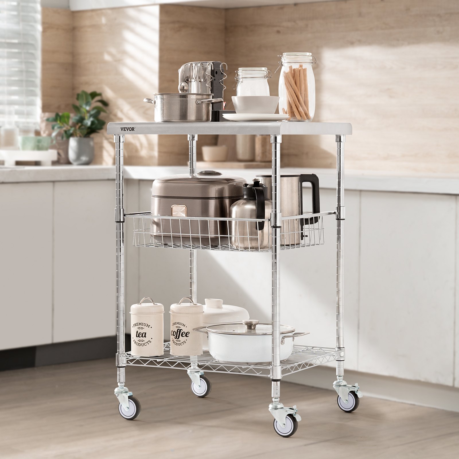 VEVOR - Carrito de cocina de 3 niveles con ruedas de alambre y capacidad de 200 kg, de acero, con cesta de 76 mm, asa curva, revestimiento de PP y 6 ganchos, para interior y exterior.