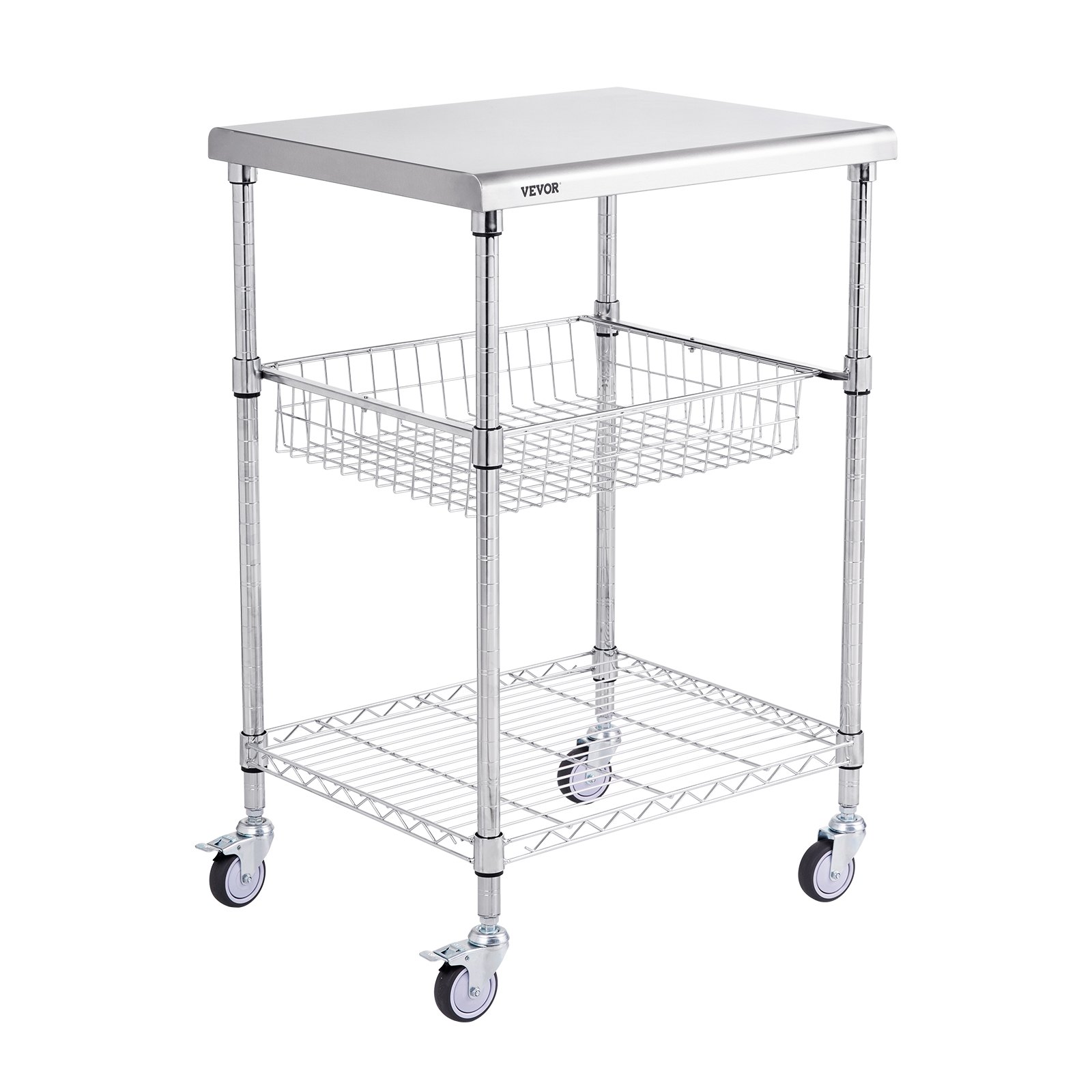 VEVOR - Carrito de cocina de 3 niveles con ruedas de alambre y capacidad de 200 kg, de acero, con cesta de 76 mm, asa curva, revestimiento de PP y 6 ganchos, para interior y exterior.