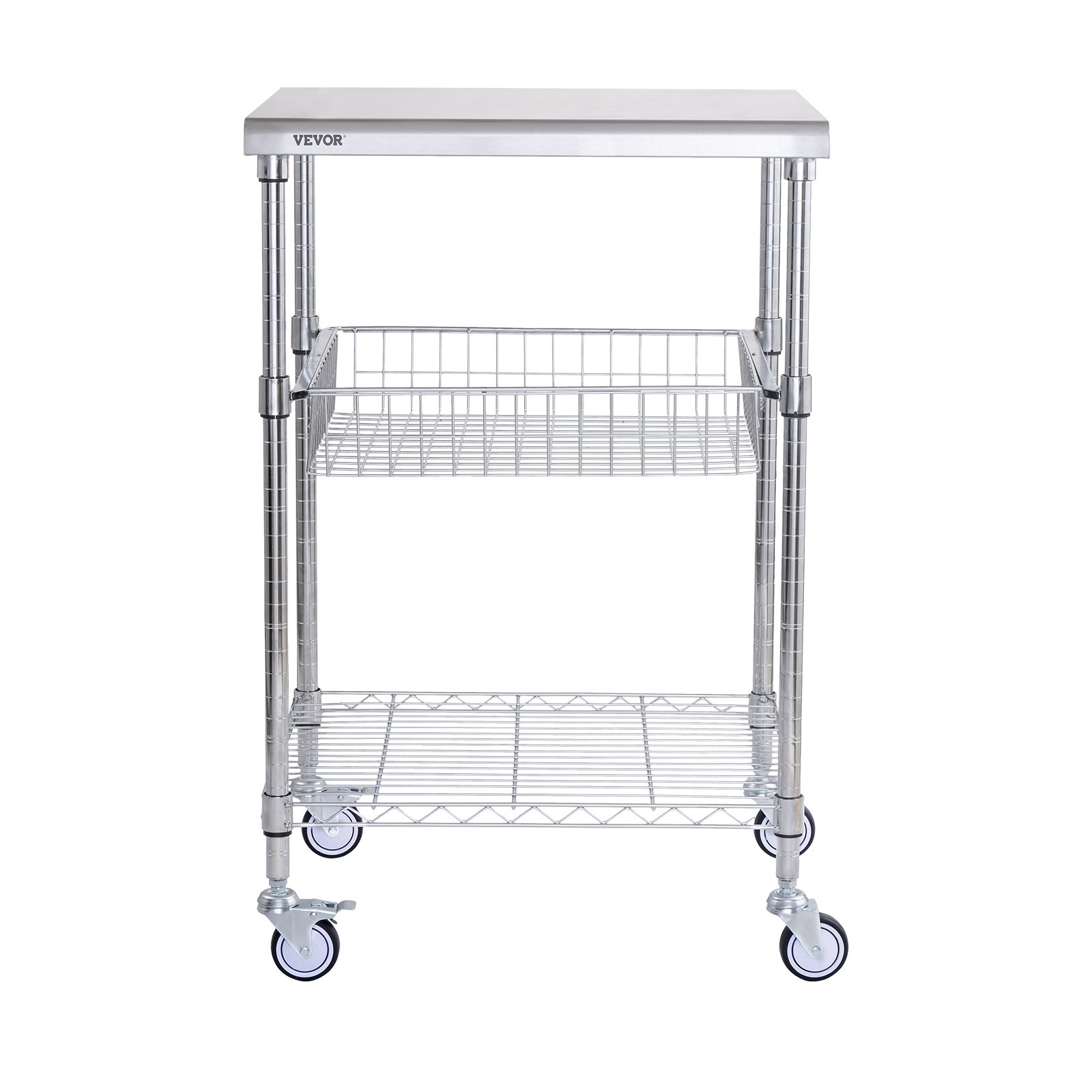VEVOR - Carrito de cocina de 3 niveles con ruedas de alambre y capacidad de 200 kg, de acero, con cesta de 76 mm, asa curva, revestimiento de PP y 6 ganchos, para interior y exterior.