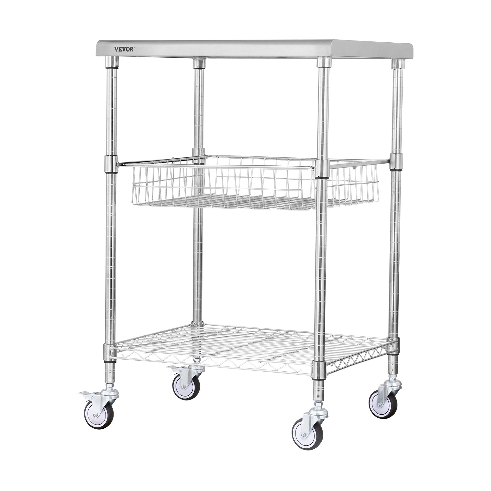 VEVOR - Carrito de cocina de 3 niveles con ruedas de alambre y capacidad de 200 kg, de acero, con cesta de 76 mm, asa curva, revestimiento de PP y 6 ganchos, para interior y exterior.