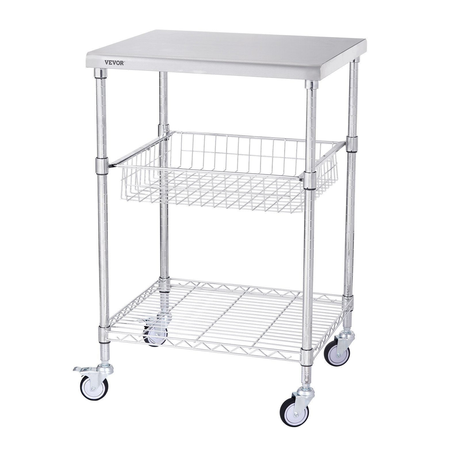 VEVOR - Carrito de cocina de 3 niveles con ruedas de alambre y capacidad de 200 kg, de acero, con cesta de 76 mm, asa curva, revestimiento de PP y 6 ganchos, para interior y exterior.