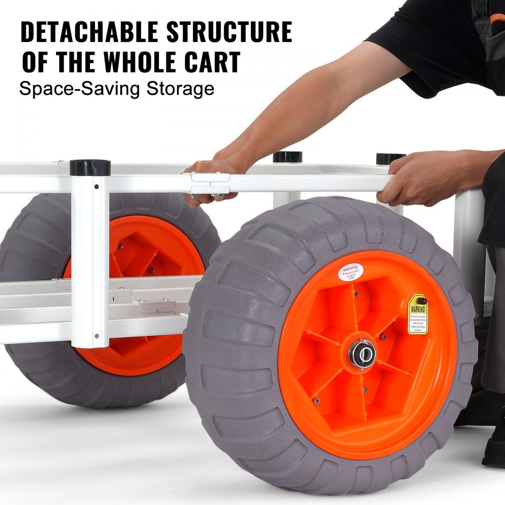 Carrito de pesca de playa VEVOR con estructura desmontable, que presenta grandes ruedas naranjas para ahorrar espacio de almacenamiento.