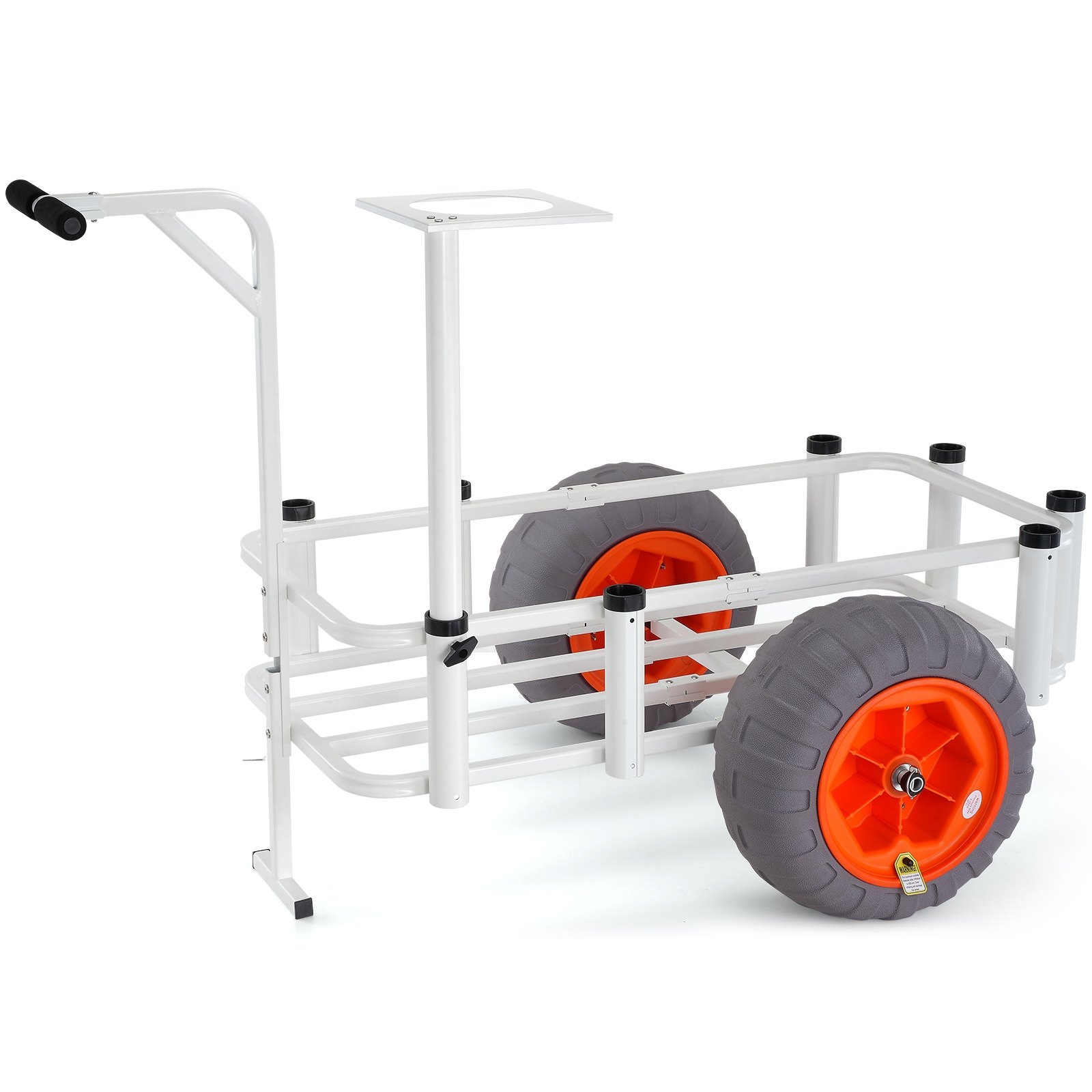 Carrito de pesca de playa VEVOR con grandes ruedas naranjas y un resistente marco de metal blanco para un fácil transporte.