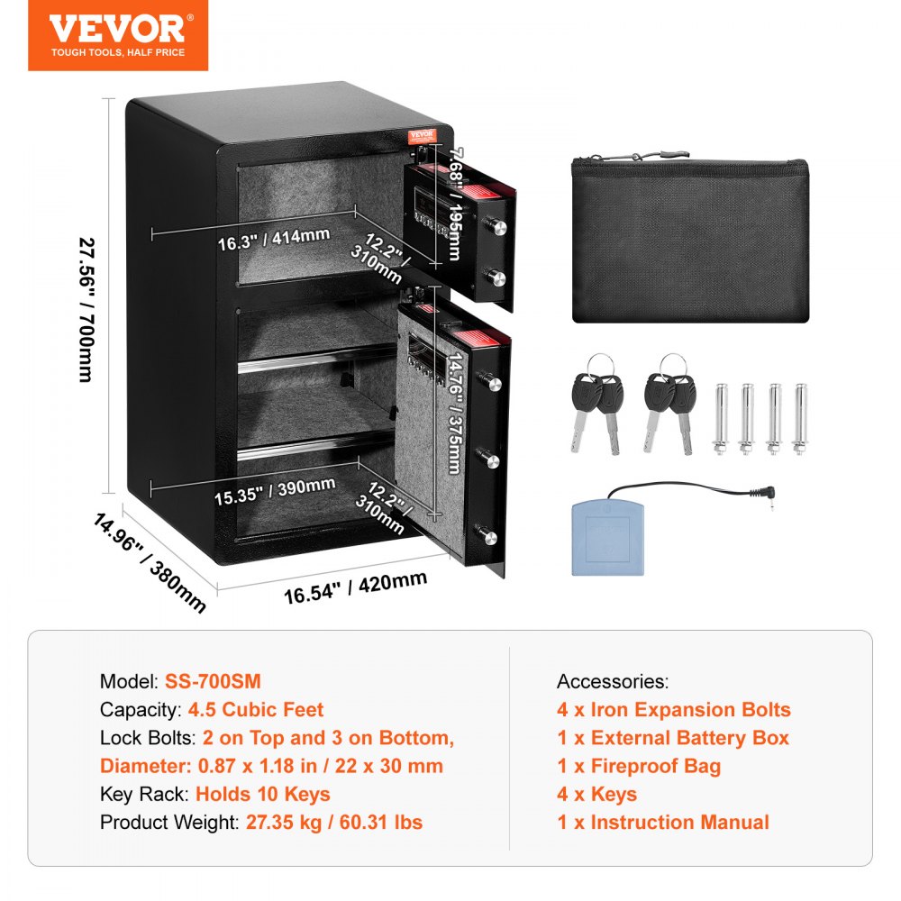 VEVOR Caja de seguridad de 4,5 pies cúbicos con puertas dobles, cerradura con llave y contraseña, caja de seguridad con bolsa ignífuga, estante para llaves, luz LED y 2 divisores ajustables y extraíbles en altura para dinero, documentos, joyas y objetos de valor, color negro