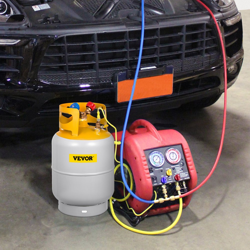 Tanque de recuperación de refrigerante VEVOR, capacidad de 30 LBS, válvula en Y para líquido/vapor, diseño de cuello de válvula doble, válvula de ahorro reutilizable y válvula en Y de 1/4 SAE, gris amarillo