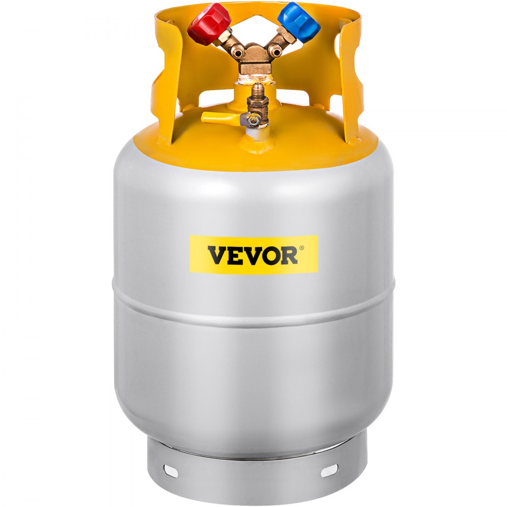 Tanque de recuperación de refrigerante VEVOR, capacidad de 30 LBS, válvula en Y para líquido/vapor, diseño de cuello de válvula doble, válvula de ahorro reutilizable y válvula en Y de 1/4 SAE, gris amarillo