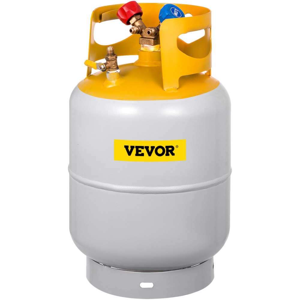 Tanque de recuperación de refrigerante VEVOR, capacidad de 30 LBS, válvula en Y para líquido/vapor, diseño de cuello de válvula doble, válvula de ahorro reutilizable y válvula en Y de 1/4 SAE, gris amarillo