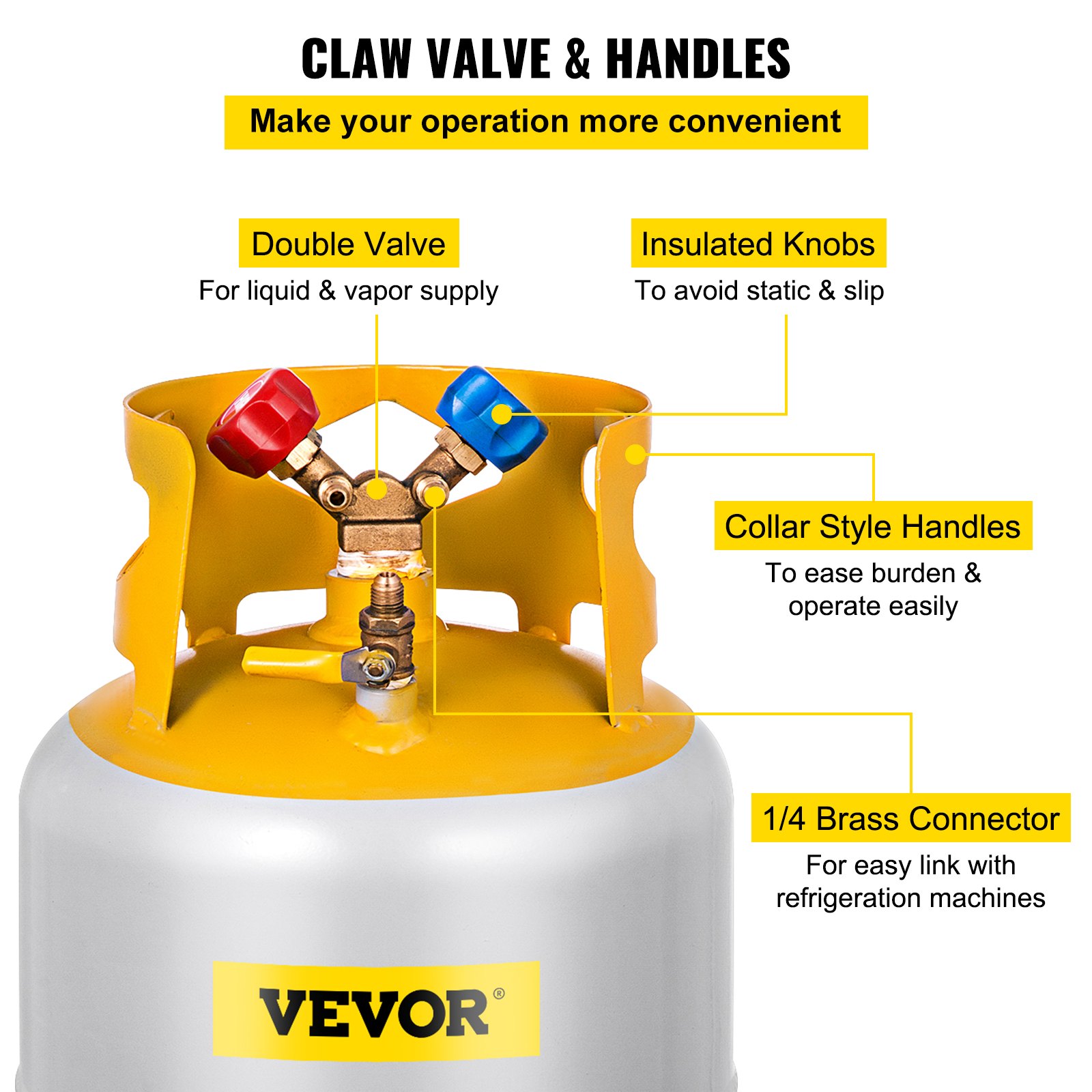 Tanque de recuperación de refrigerante VEVOR, capacidad de 30 LBS, válvula en Y para líquido/vapor, diseño de cuello de válvula doble, válvula de ahorro reutilizable y válvula en Y de 1/4 SAE, gris amarillo